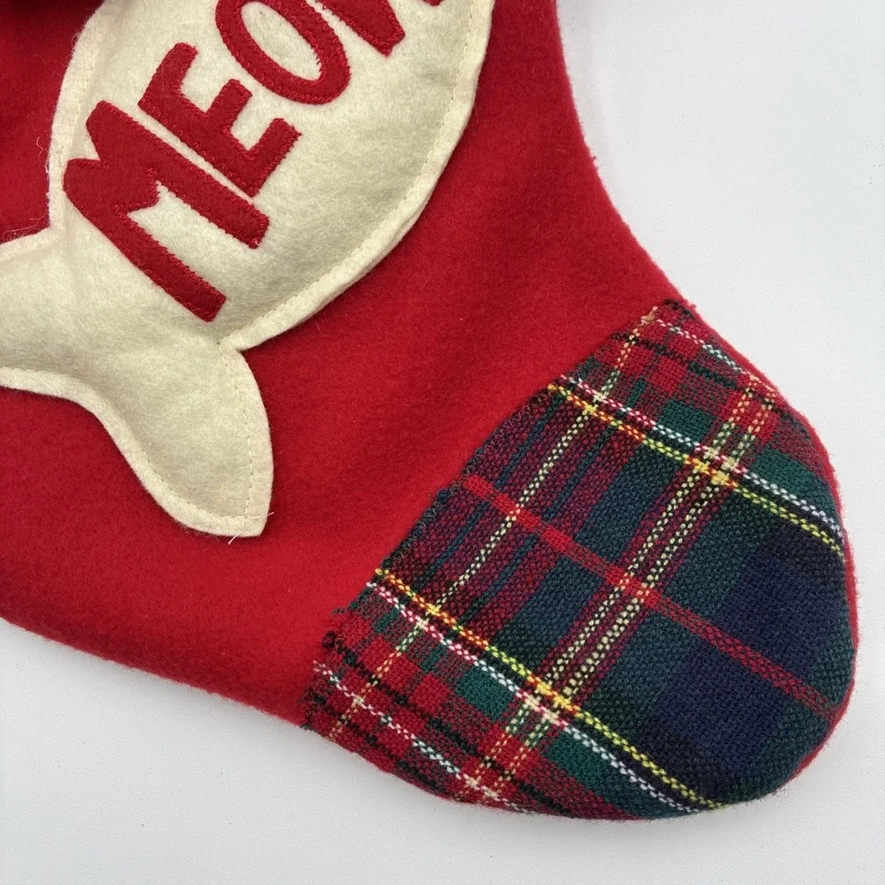 Christmas Cat Stocking Red Felt Orange Tabby Plaid Bow Tie Meow Fish 20 inch